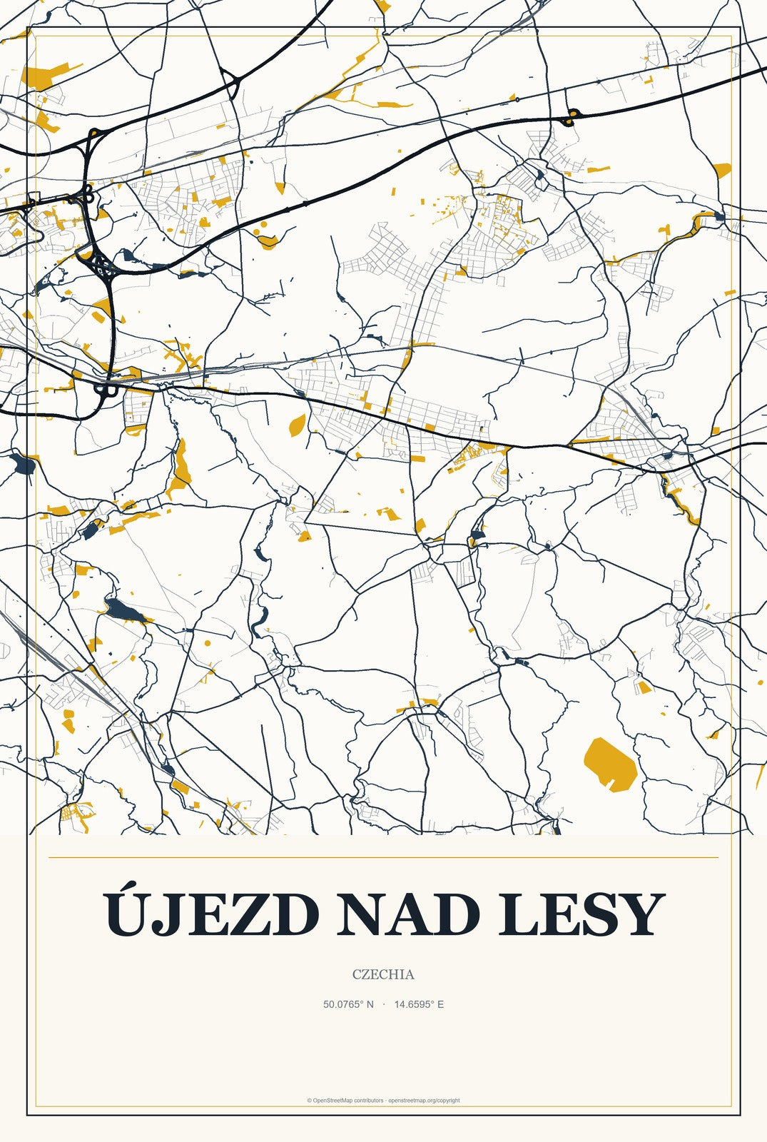 Újezd nad Lesy, Czechia City Map Aluminum Sign in Citrine Modern style