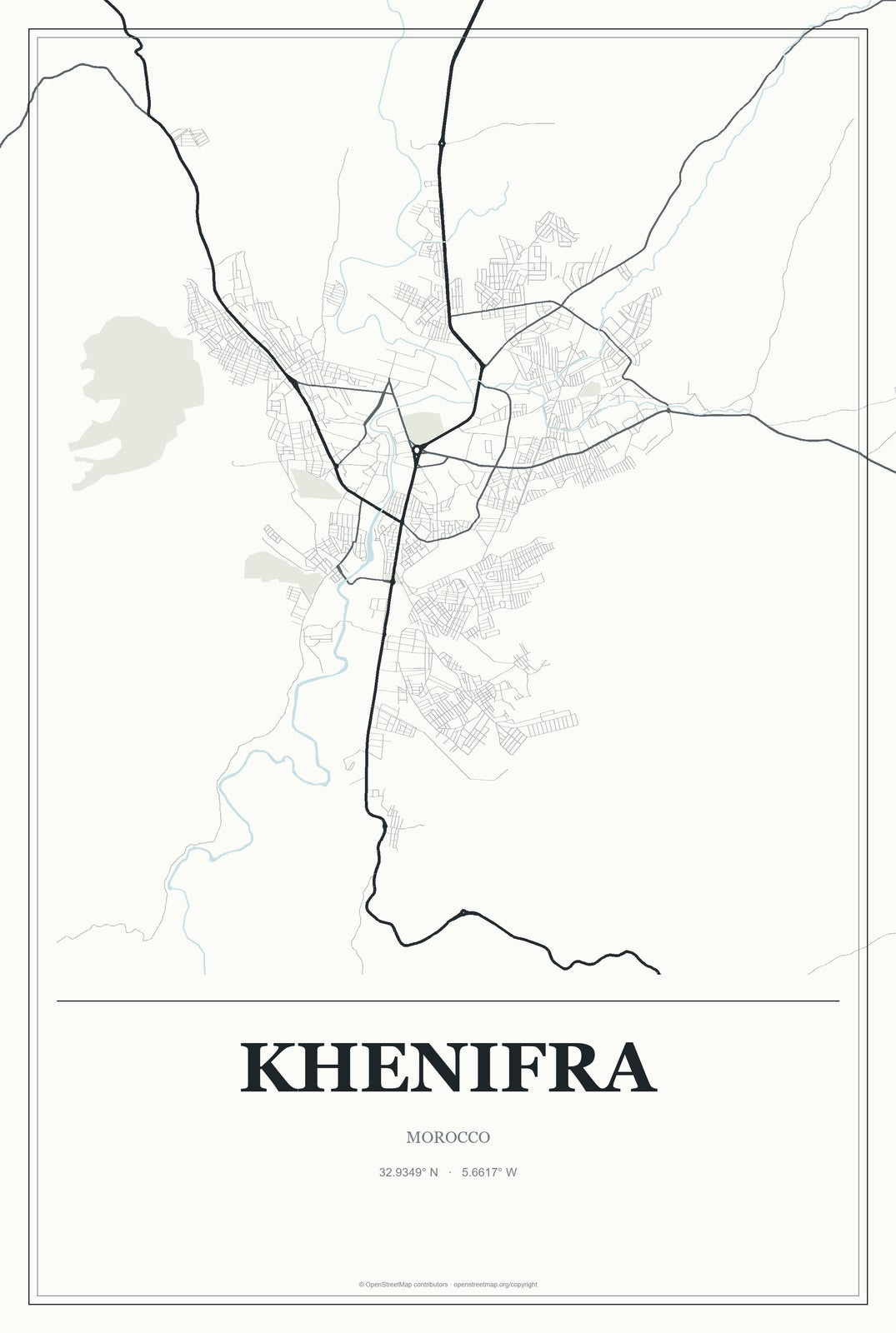 Khenifra, Morocco City Map Aluminum Sign in Gallery Air style