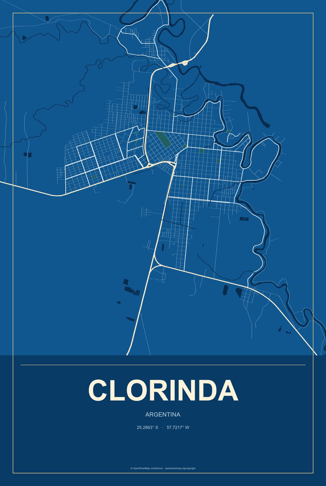 Clorinda, Argentina City Map Aluminum Sign in Harbor Cobalt style
