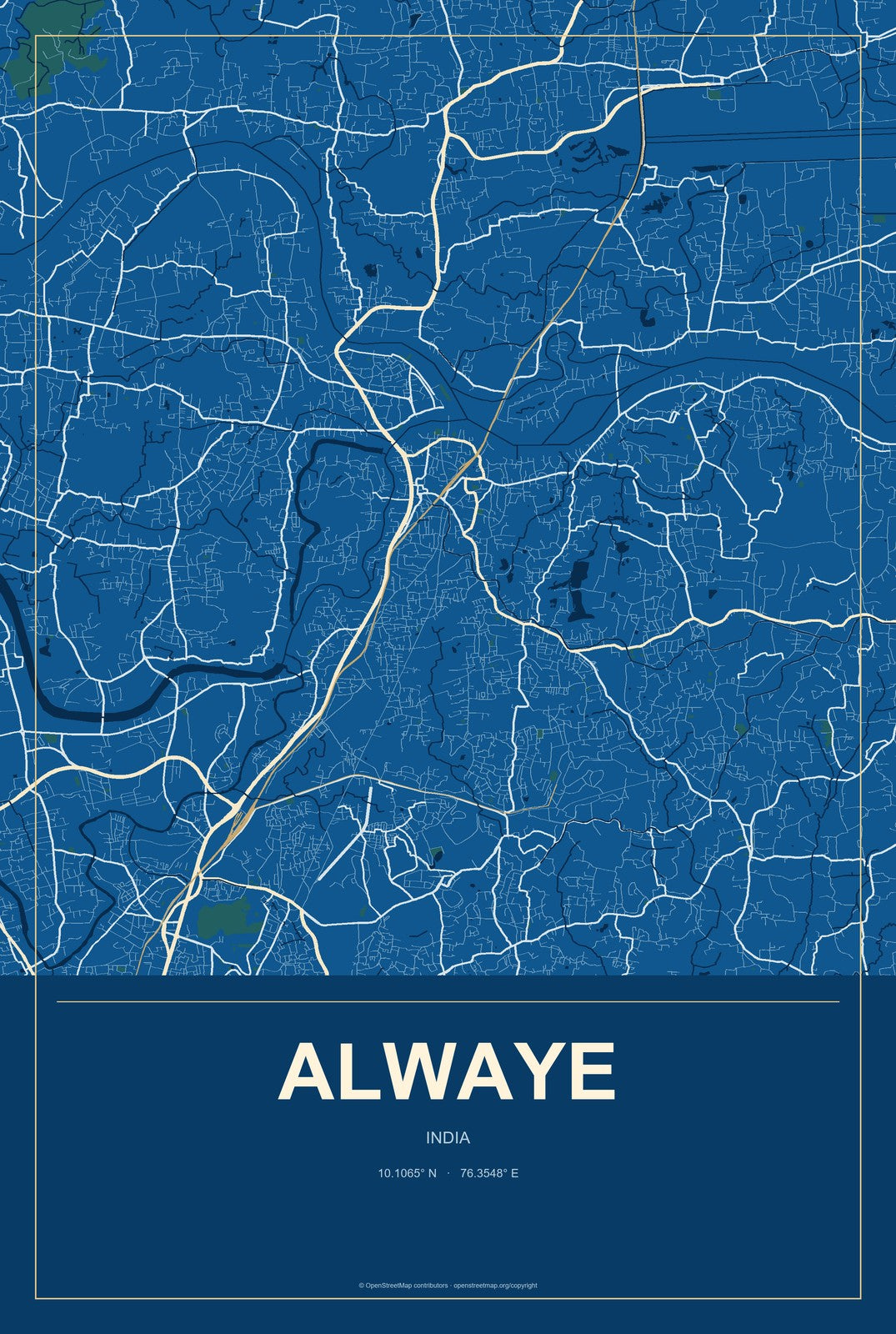 Alwaye, India City Map Aluminum Sign in Harbor Cobalt style