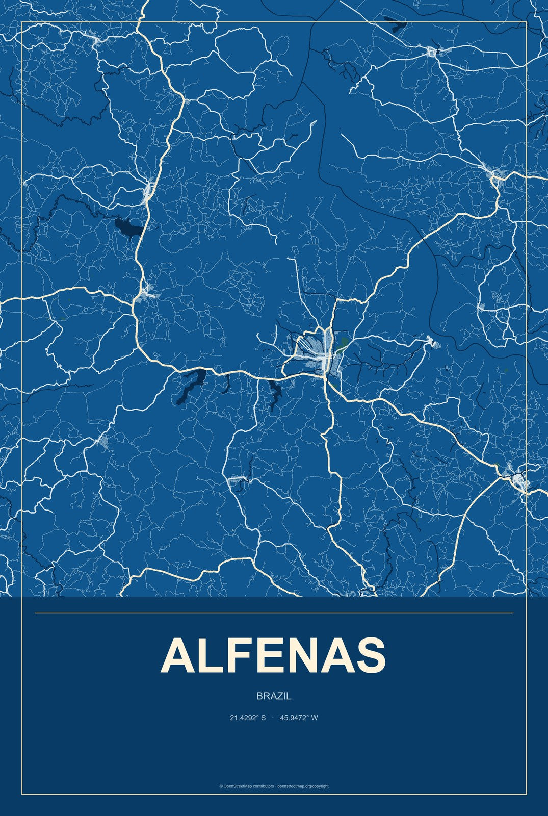 Alfenas, Brazil City Map Aluminum Sign in Harbor Cobalt style