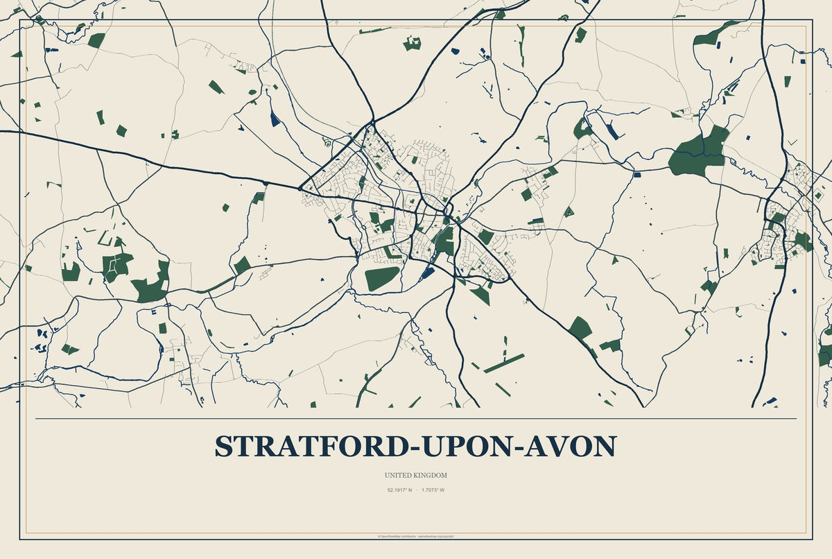 Stratford-upon-Avon, United Kingdom City Map Aluminum Sign in Coastal Cutout style