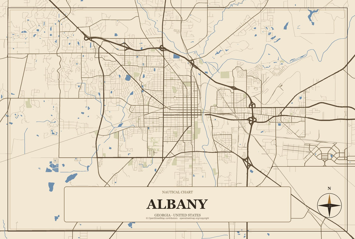 Albany, Georgia City Map Aluminum Sign in Heritage Nautical style
