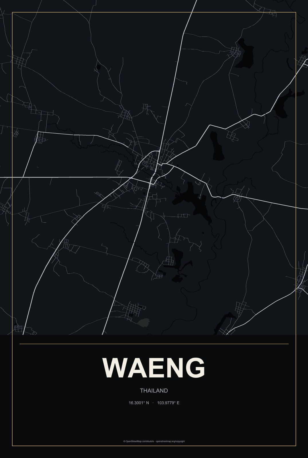 Waeng, Thailand City Map Aluminum Sign in Metropolitan Noir style