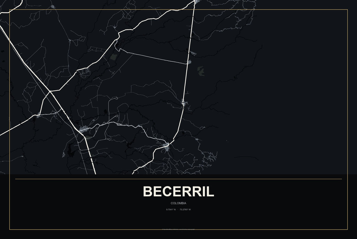 Becerril, Colombia City Map Aluminum Sign in Metropolitan Noir style