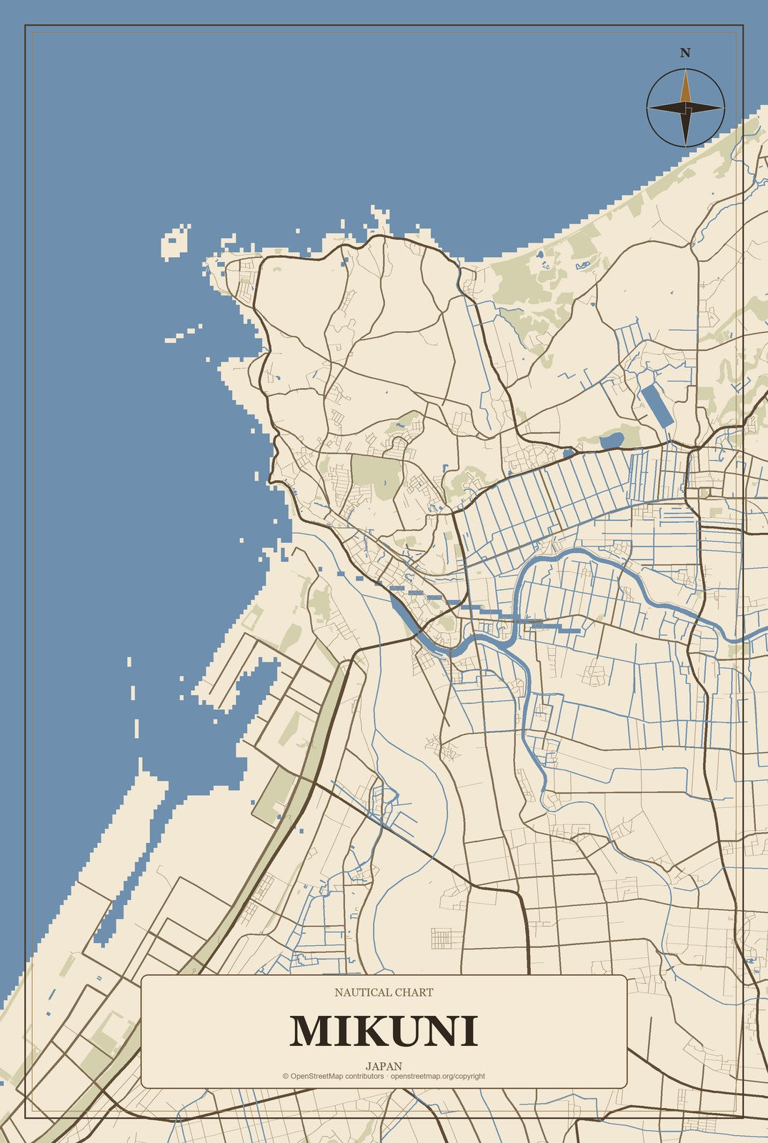 Mikuni, Japan City Map Aluminum Sign in Heritage Nautical style