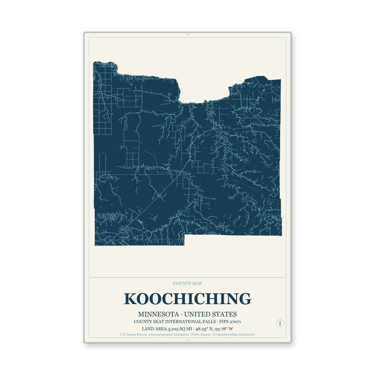 Koochiching County, Minnesota Map Aluminum Sign in Coastal Cutout style