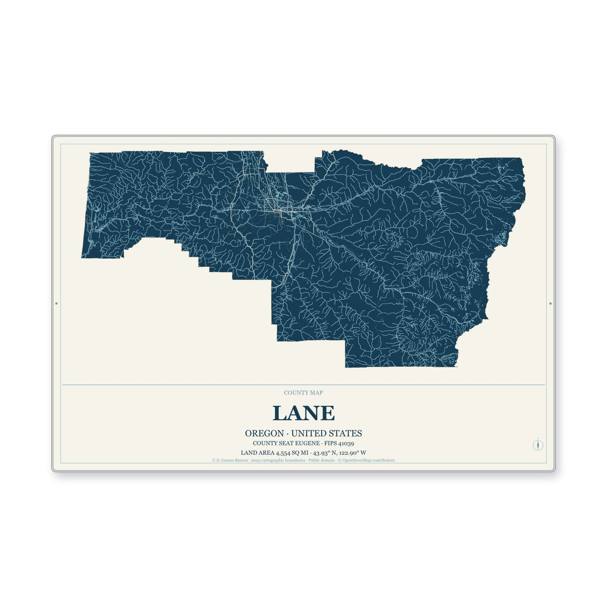 Lane County, Oregon Map Aluminum Sign in Coastal Cutout style