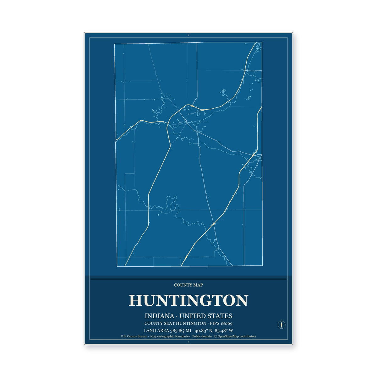 Huntington County, Indiana Map Aluminum Sign in Harbor Cobalt style