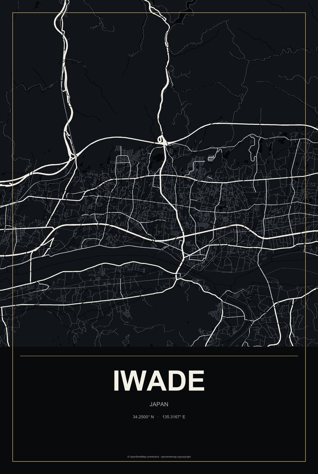Iwade, Japan City Map Aluminum Sign in Metropolitan Noir style
