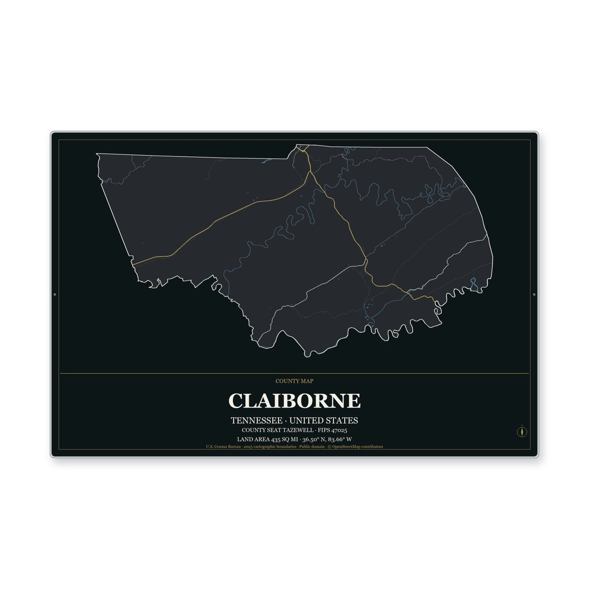 Claiborne County, Tennessee Map Aluminum Sign in Metropolitan Noir style