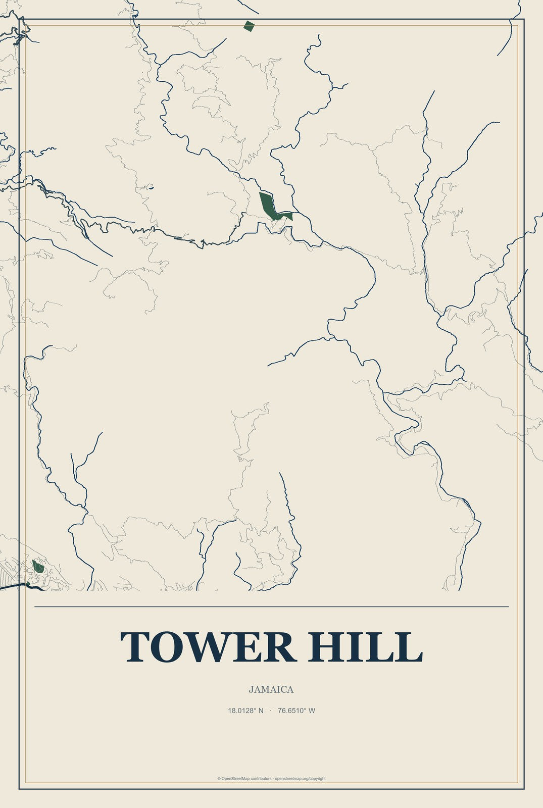 Tower Hill, Jamaica City Map Aluminum Sign in Coastal Cutout style