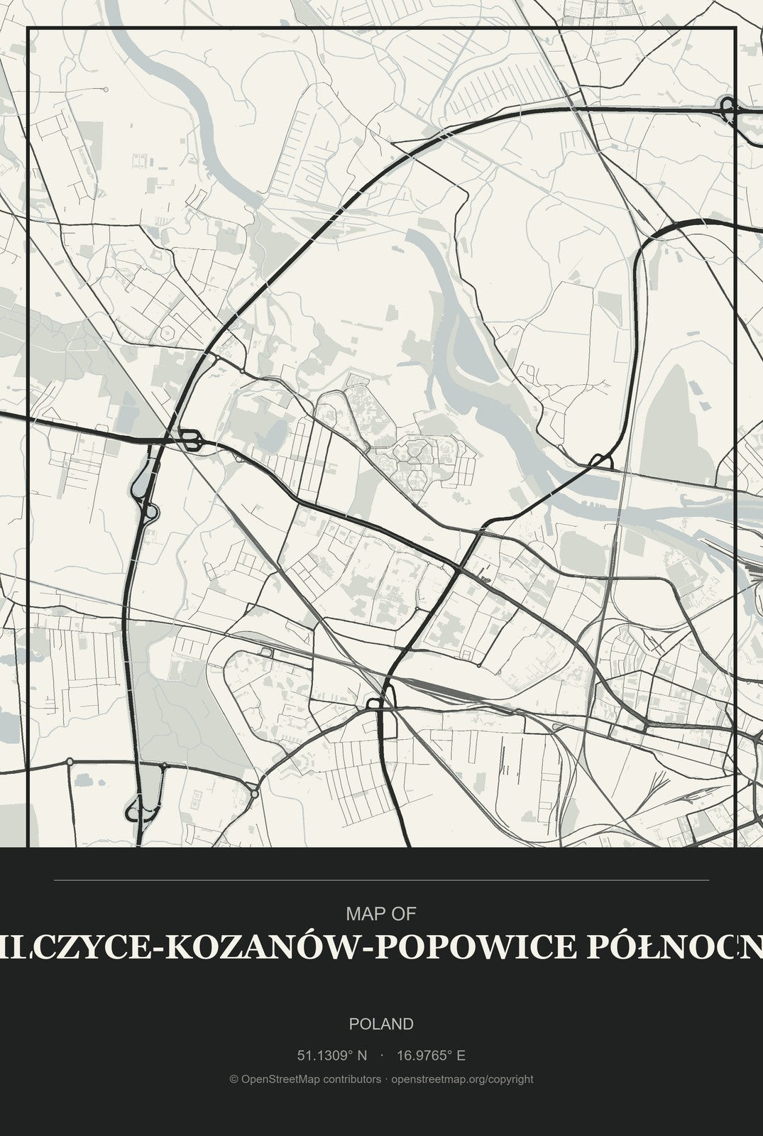 Pilczyce-Kozanów-Popowice Północne, Poland City Map Aluminum Sign in Museum Plaque style