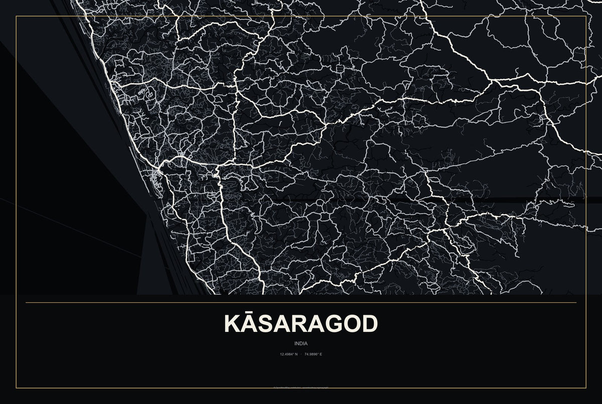 Kāsaragod, India City Map Aluminum Sign in Metropolitan Noir style