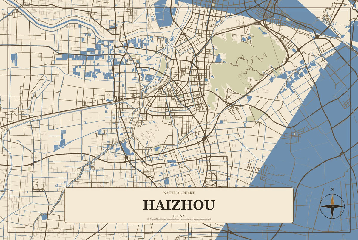 Haizhou, China City Map Aluminum Sign in Heritage Nautical style