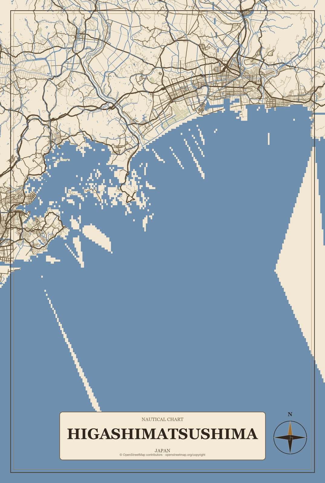 Higashimatsushima, Japan City Map Aluminum Sign in Heritage Nautical style