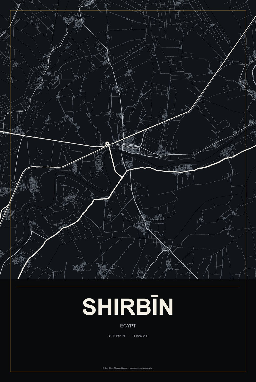 Shirbīn, Egypt City Map Aluminum Sign in Metropolitan Noir style
