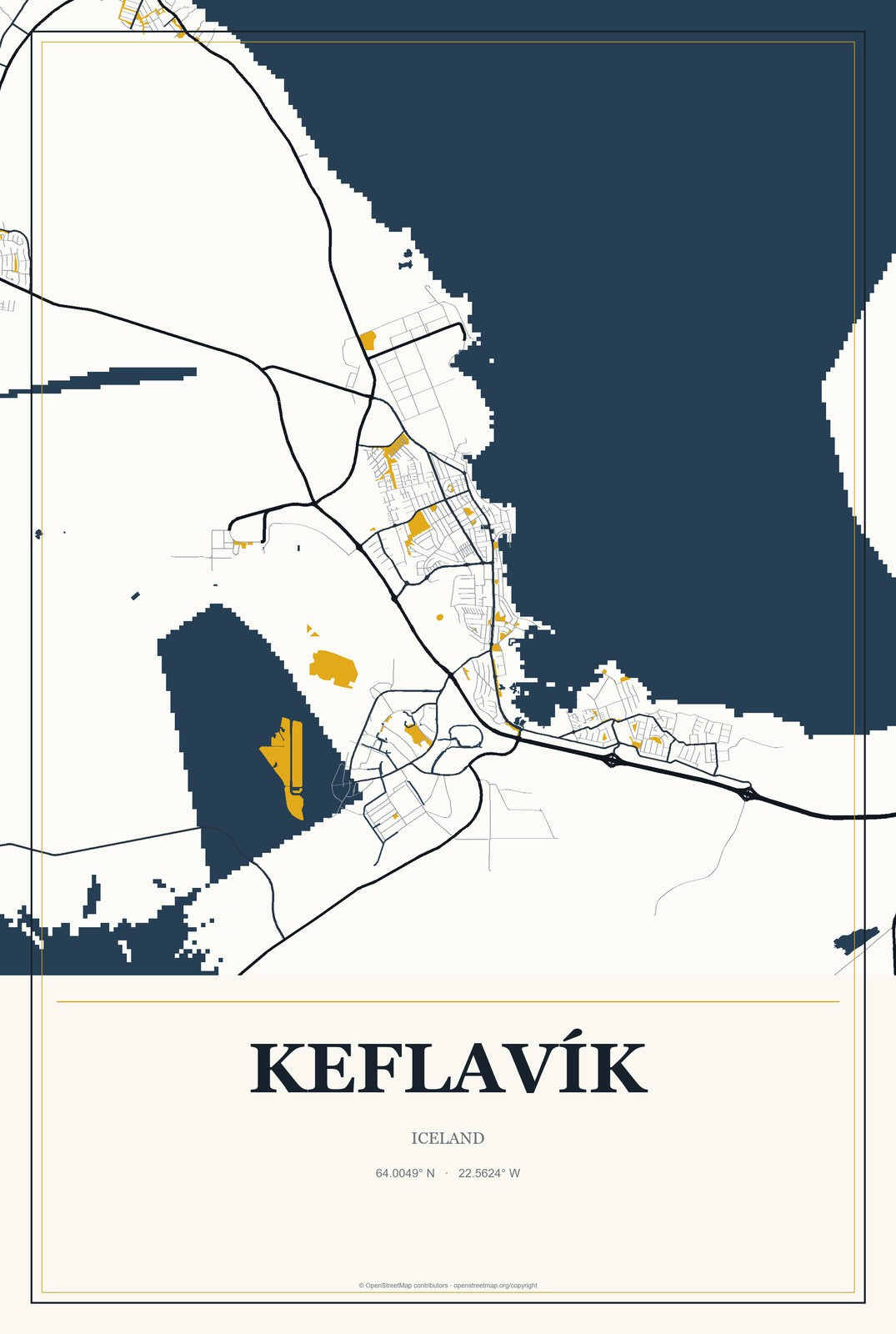 Keflavík, Iceland City Map Aluminum Sign in Citrine Modern style