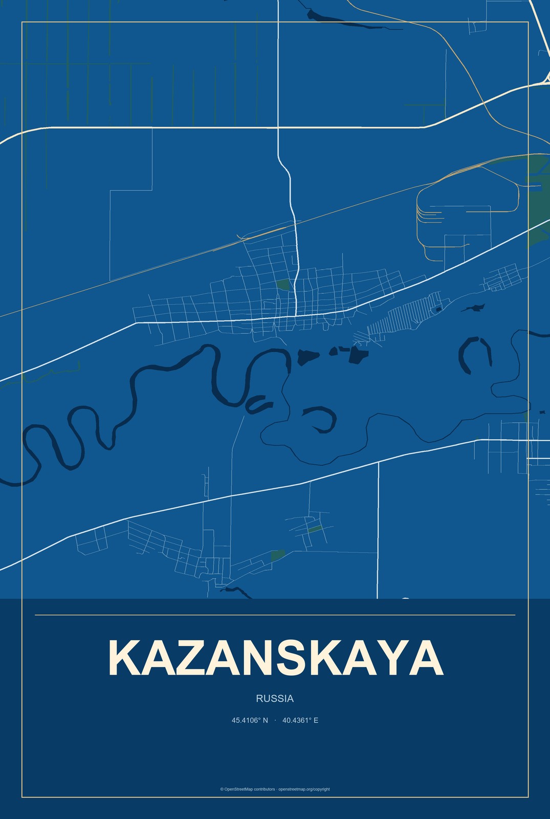 Kazanskaya, Russia City Map Aluminum Sign in Harbor Cobalt style