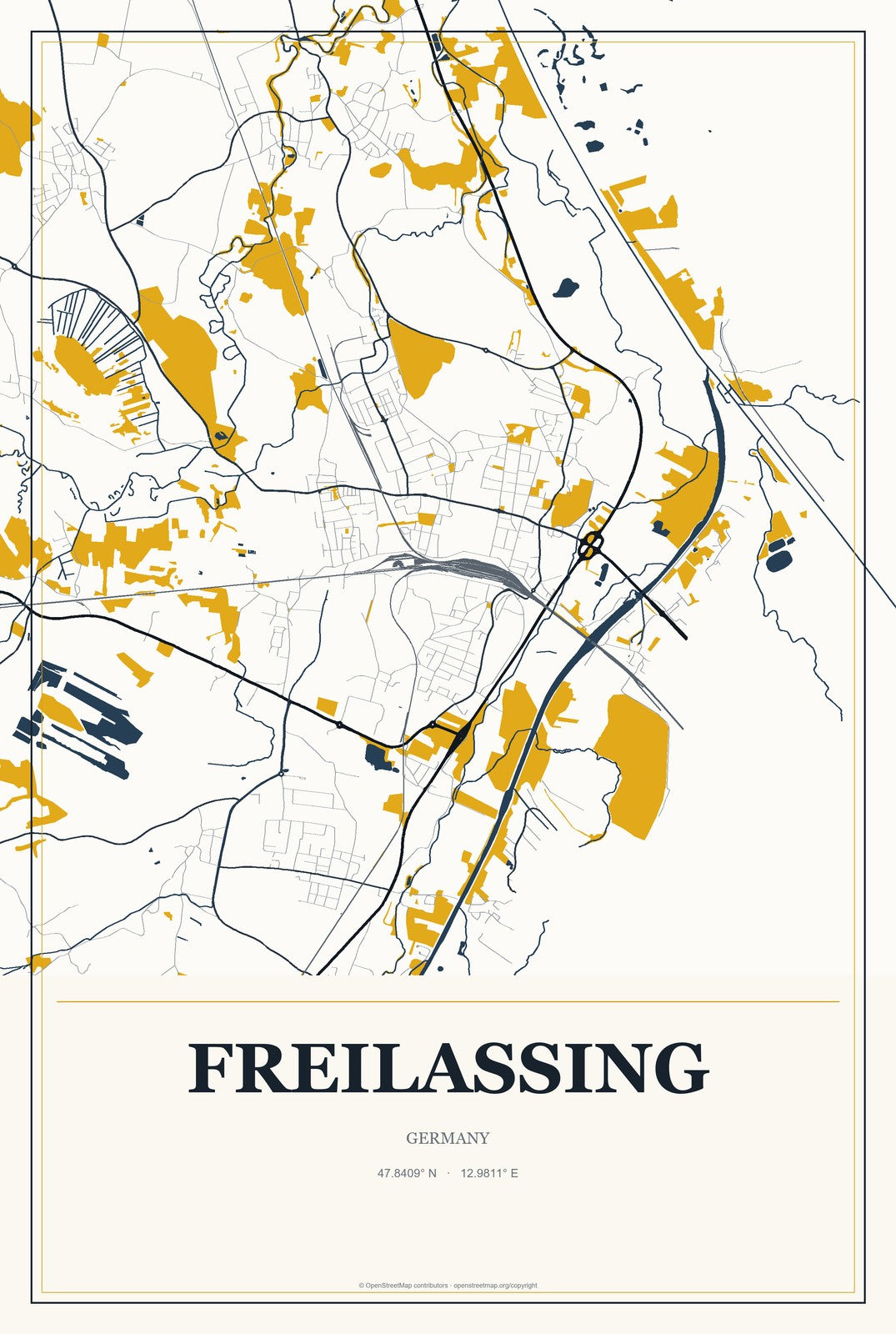 Freilassing, Germany City Map Aluminum Sign in Citrine Modern style