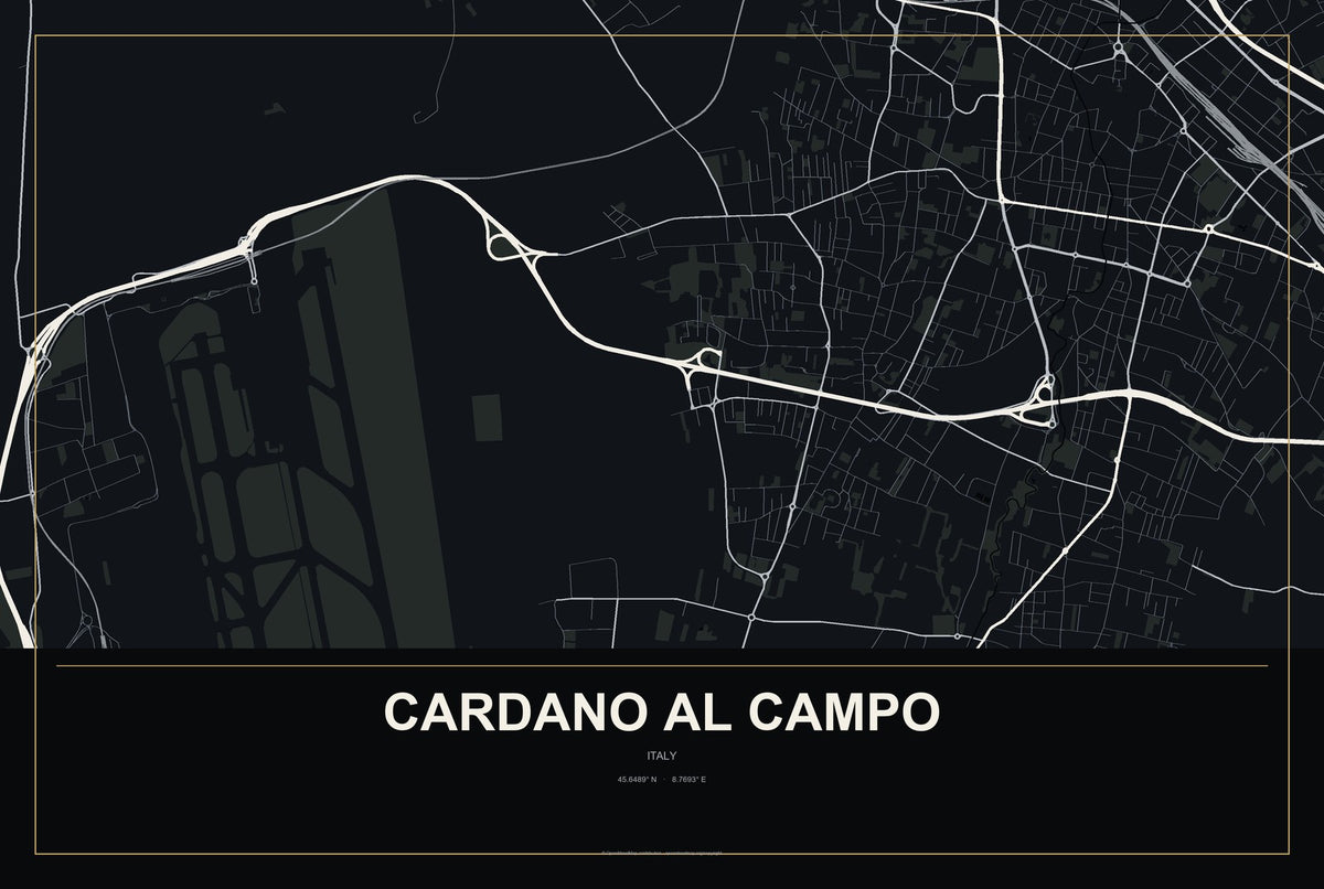 Cardano al Campo, Italy City Map Aluminum Sign in Metropolitan Noir style