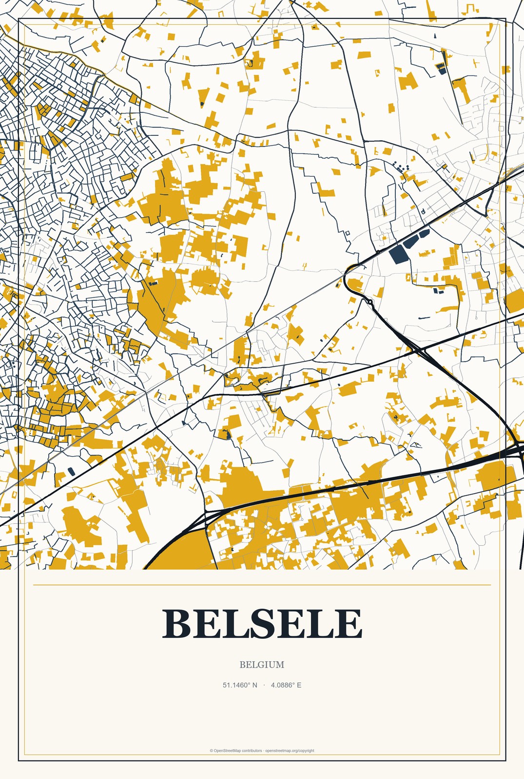 Belsele, Belgium City Map Aluminum Sign in Citrine Modern style