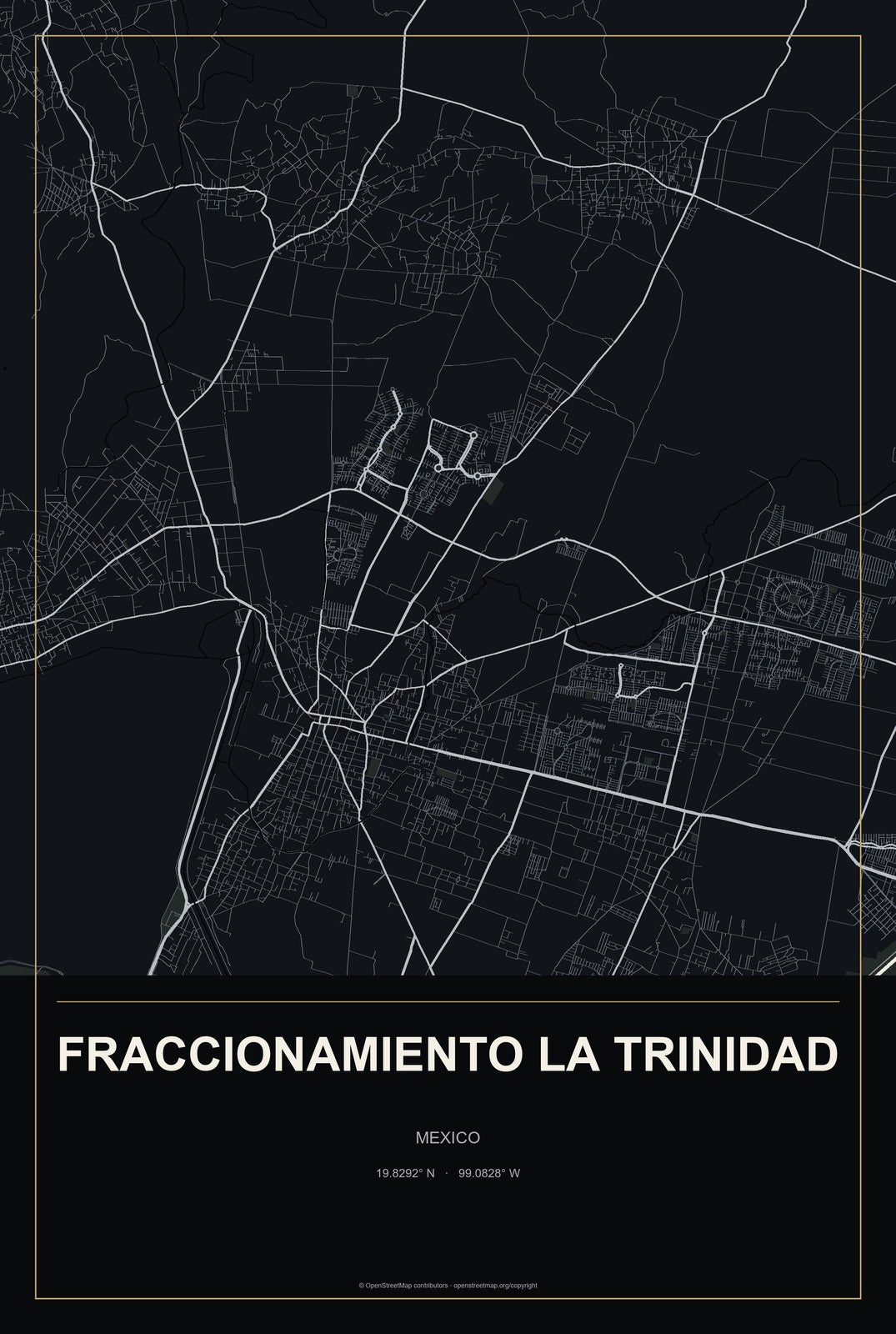 Fraccionamiento la Trinidad, Mexico City Map Aluminum Sign in Metropolitan Noir style