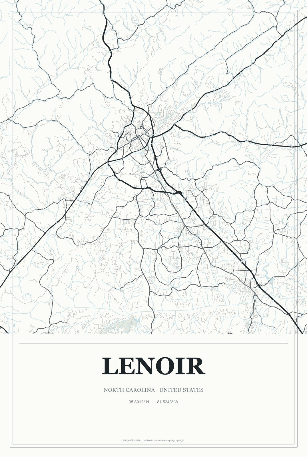 Lenoir, North Carolina City Map Aluminum Sign in Gallery Air style