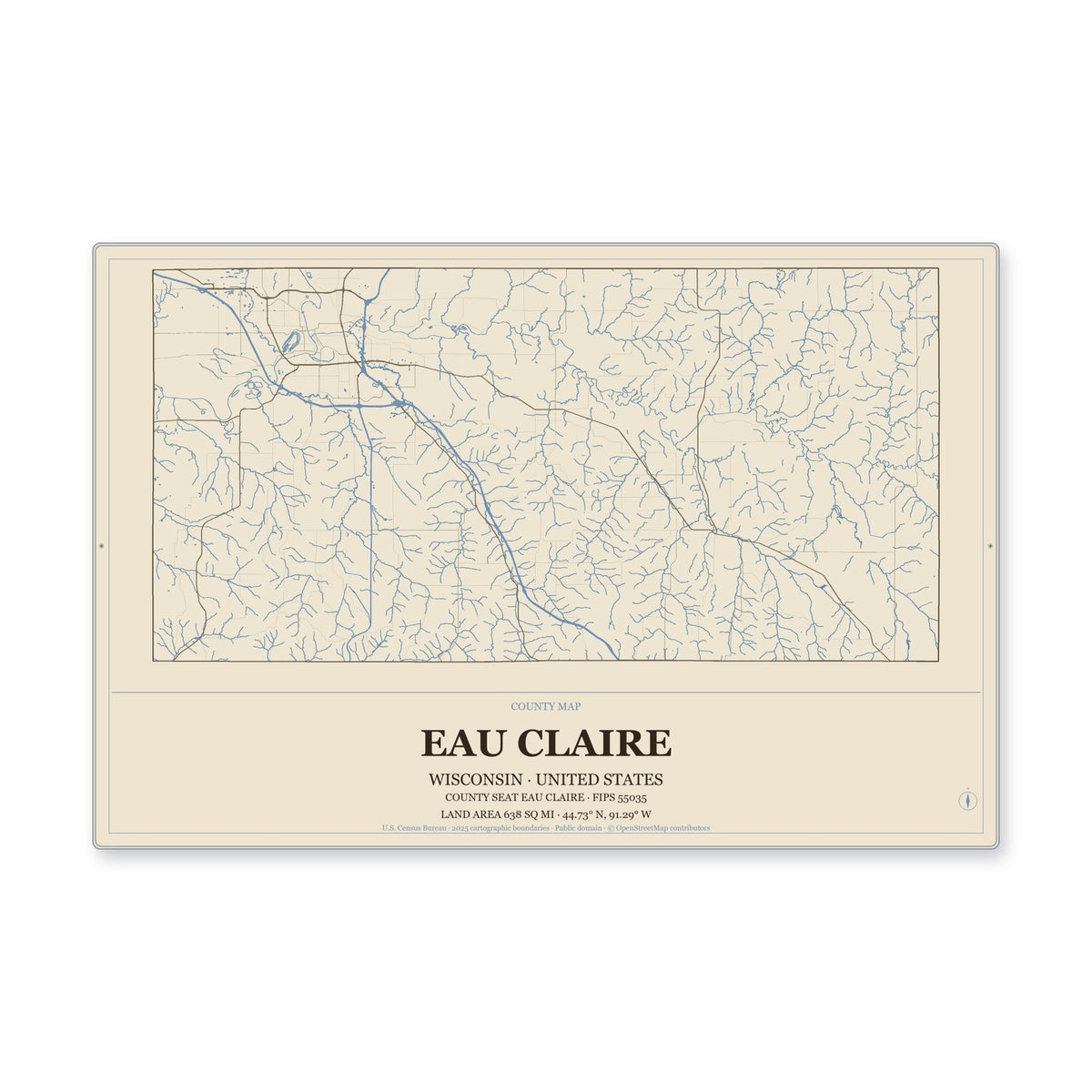 Eau Claire County, Wisconsin Map Aluminum Sign in Heritage Nautical style