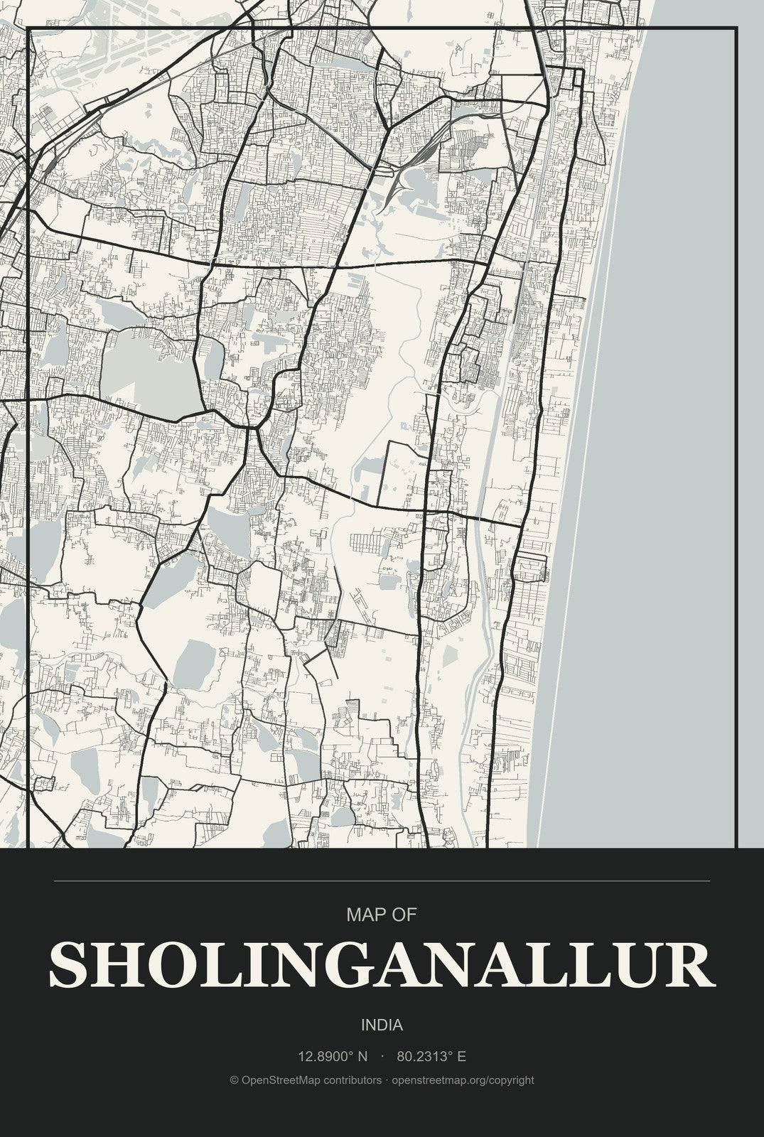 Sholinganallur, India City Map Aluminum Sign in Museum Plaque style