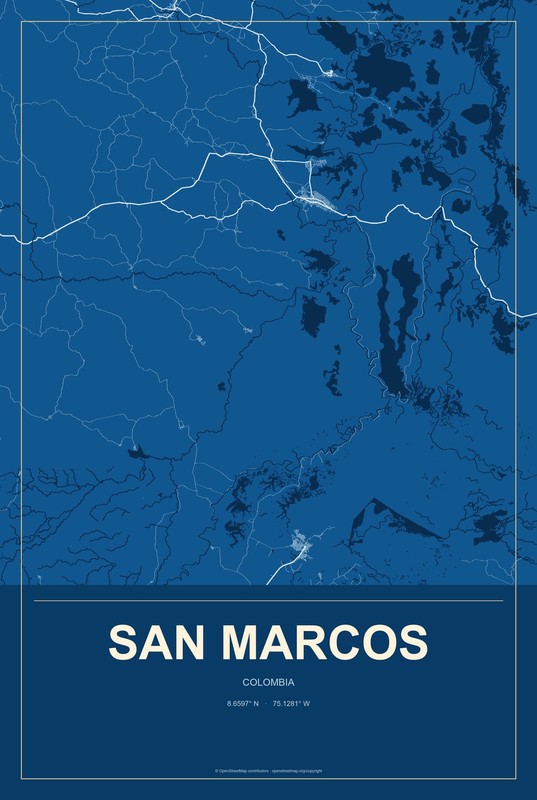 San Marcos, Colombia City Map Aluminum Sign in Harbor Cobalt style