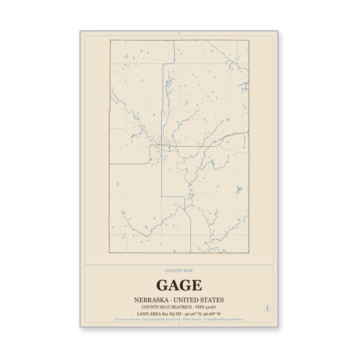 Gage County, Nebraska Map Aluminum Sign in Heritage Nautical style