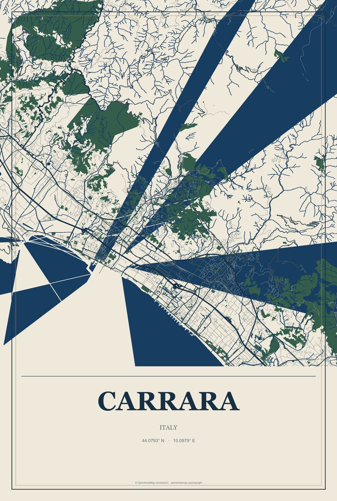 Carrara, Italy City Map Aluminum Sign in Coastal Cutout style