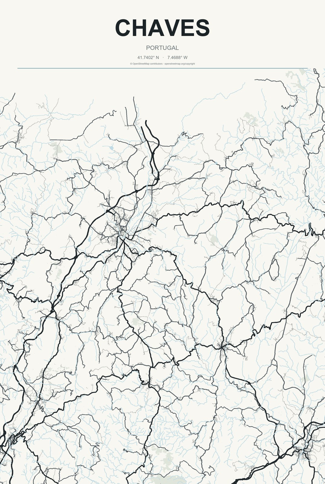 Chaves, Portugal City Map Aluminum Sign in Headline Atlas style