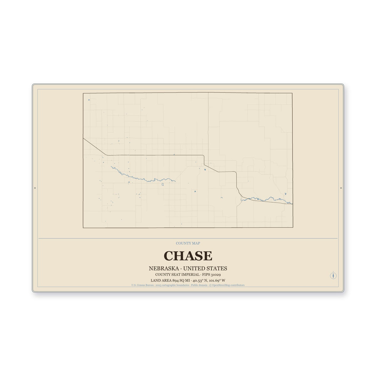 Chase County, Nebraska Map Aluminum Sign in Heritage Nautical style