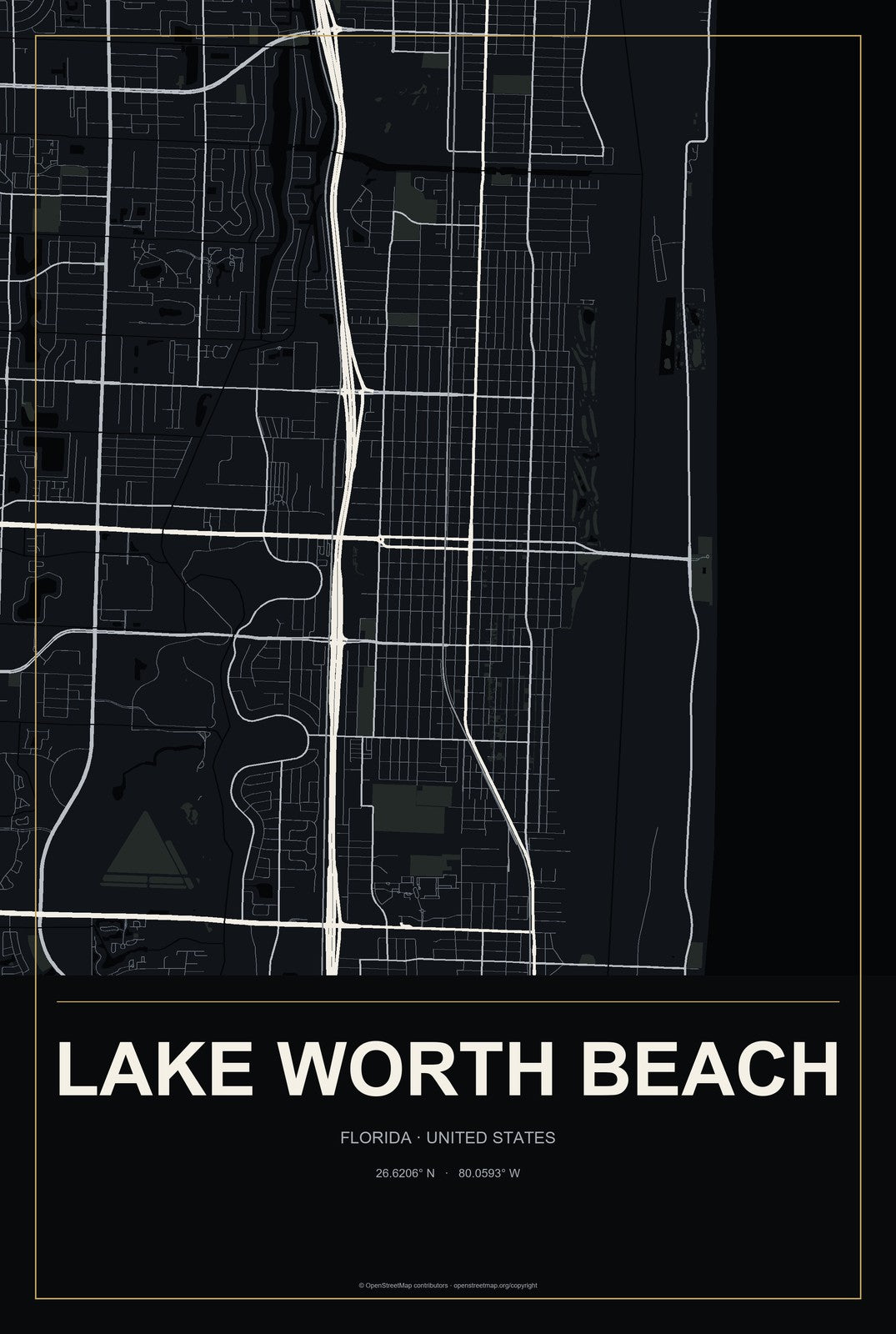 Lake Worth Beach, Florida City Map Aluminum Sign in Metropolitan Noir style