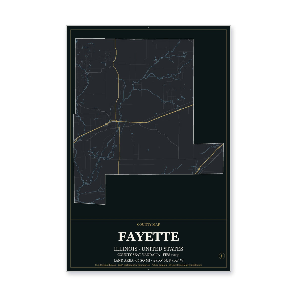 Fayette County, Illinois Map Aluminum Sign in Metropolitan Noir style