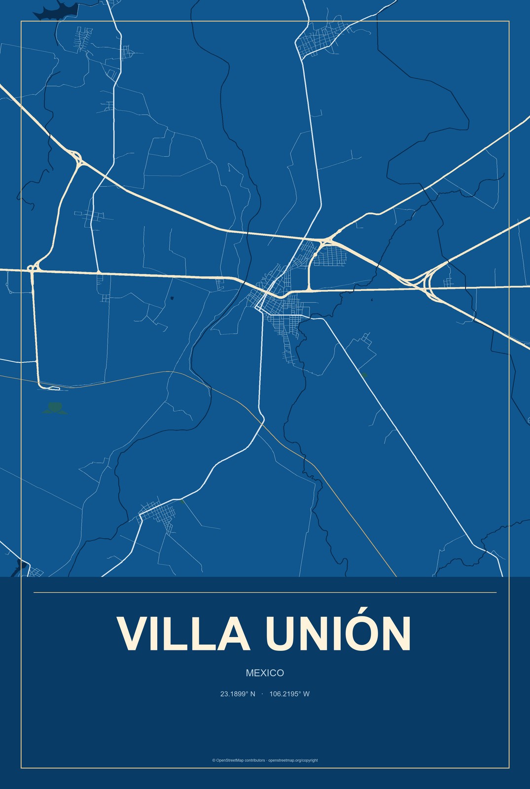 Villa Unión, Sinaloa, Mexico City Map Aluminum Sign in Harbor Cobalt style
