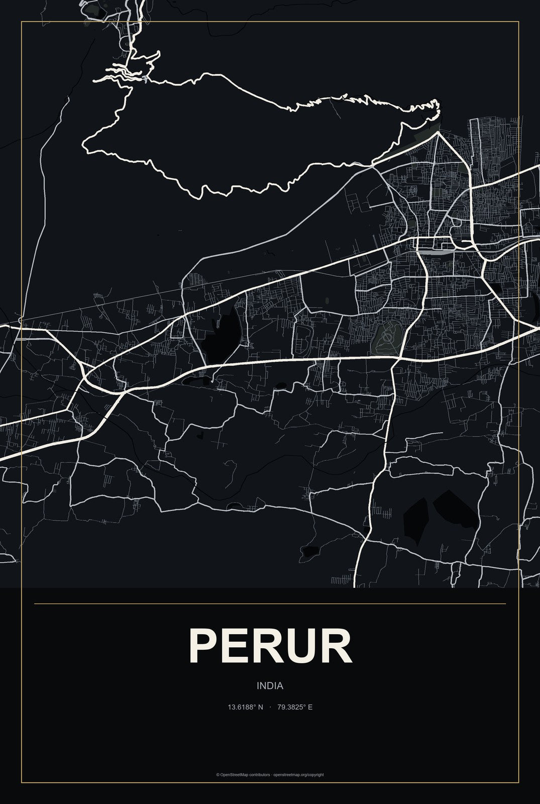 Perur, India City Map Aluminum Sign in Metropolitan Noir style