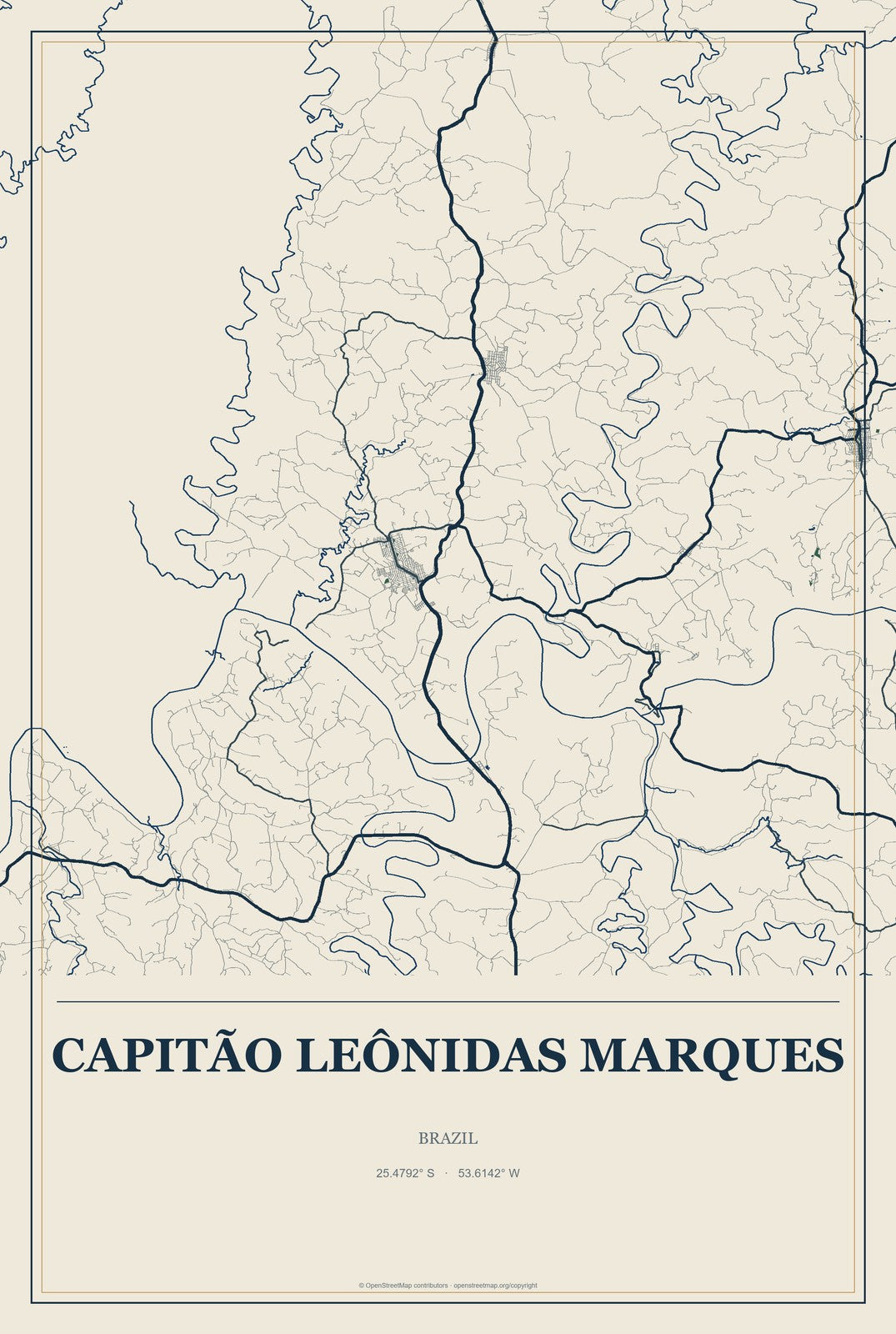 Capitão Leônidas Marques, Brazil City Map Aluminum Sign in Coastal Cutout style