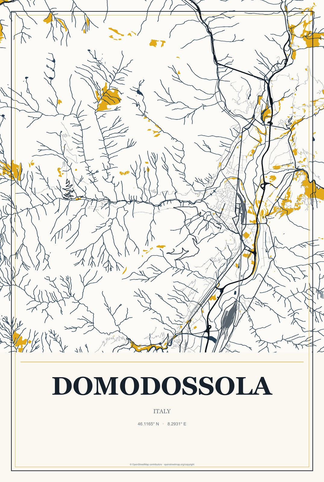 Domodossola, Italy City Map Aluminum Sign in Citrine Modern style