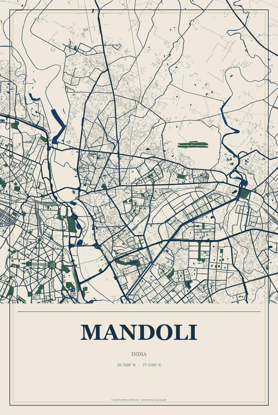 Mandoli, India City Map Aluminum Sign in Coastal Cutout style