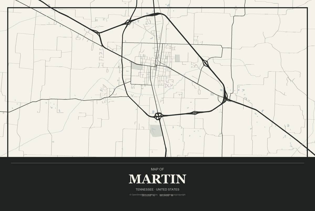 Martin, Tennessee City Map Aluminum Sign in Museum Plaque style