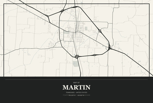 Martin, Tennessee City Map Aluminum Sign in Museum Plaque style