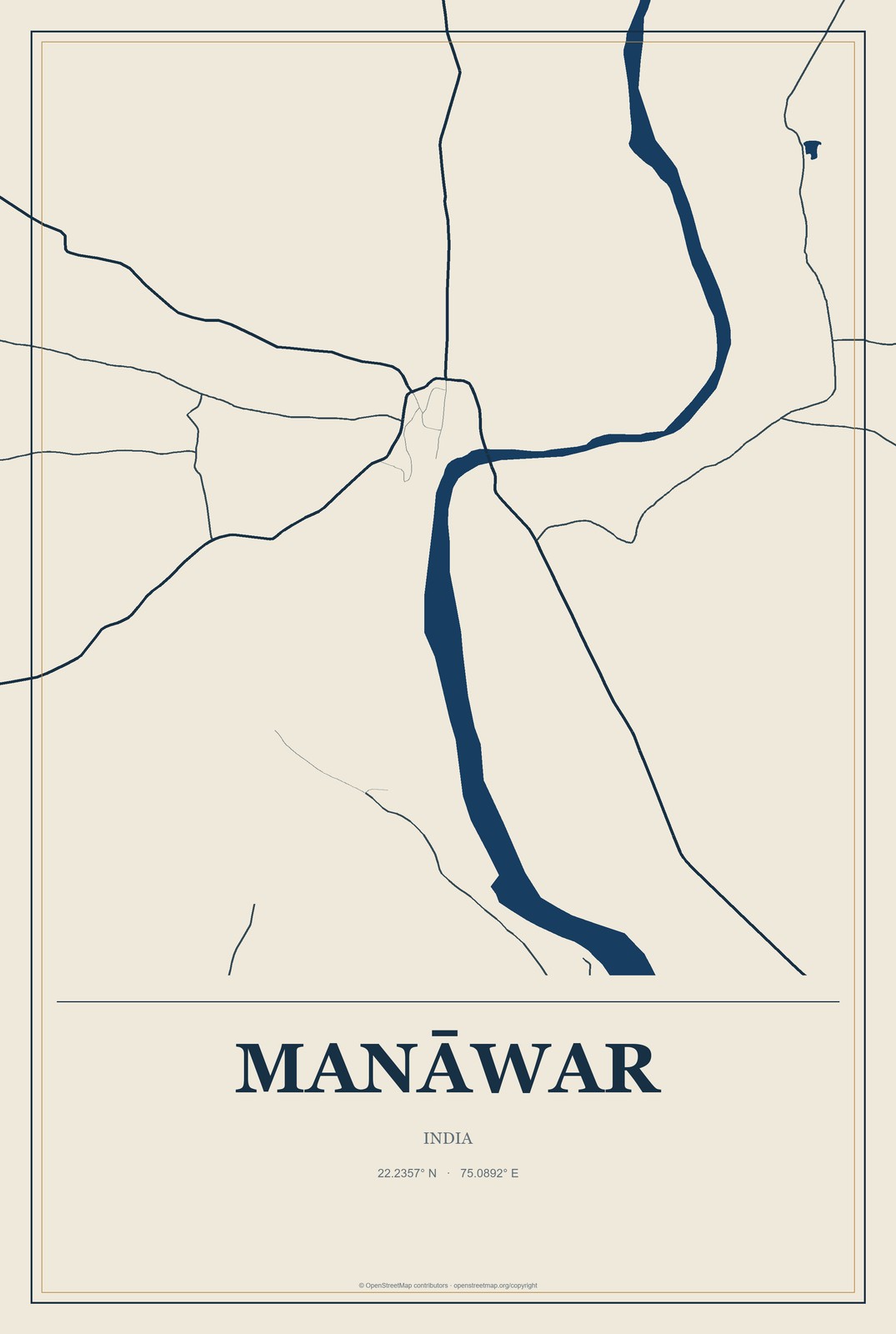 Manāwar, India City Map Aluminum Sign in Coastal Cutout style