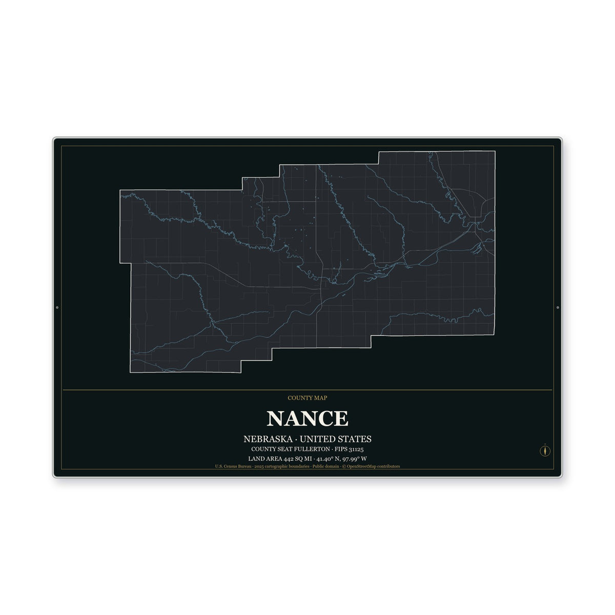 Nance County, Nebraska Map Aluminum Sign in Metropolitan Noir style