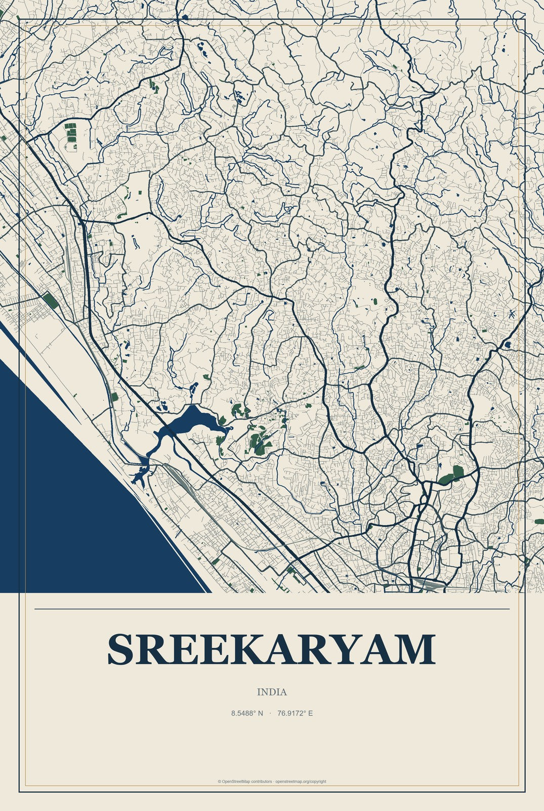 Sreekaryam, India City Map Aluminum Sign in Coastal Cutout style