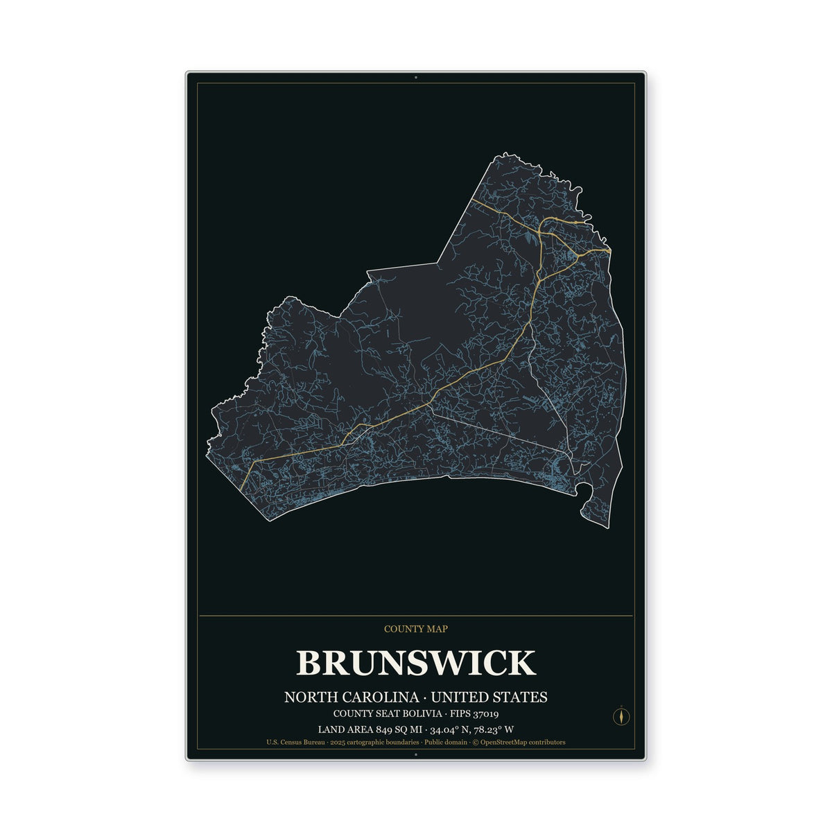 Brunswick County, North Carolina Map Aluminum Sign in Metropolitan Noir style