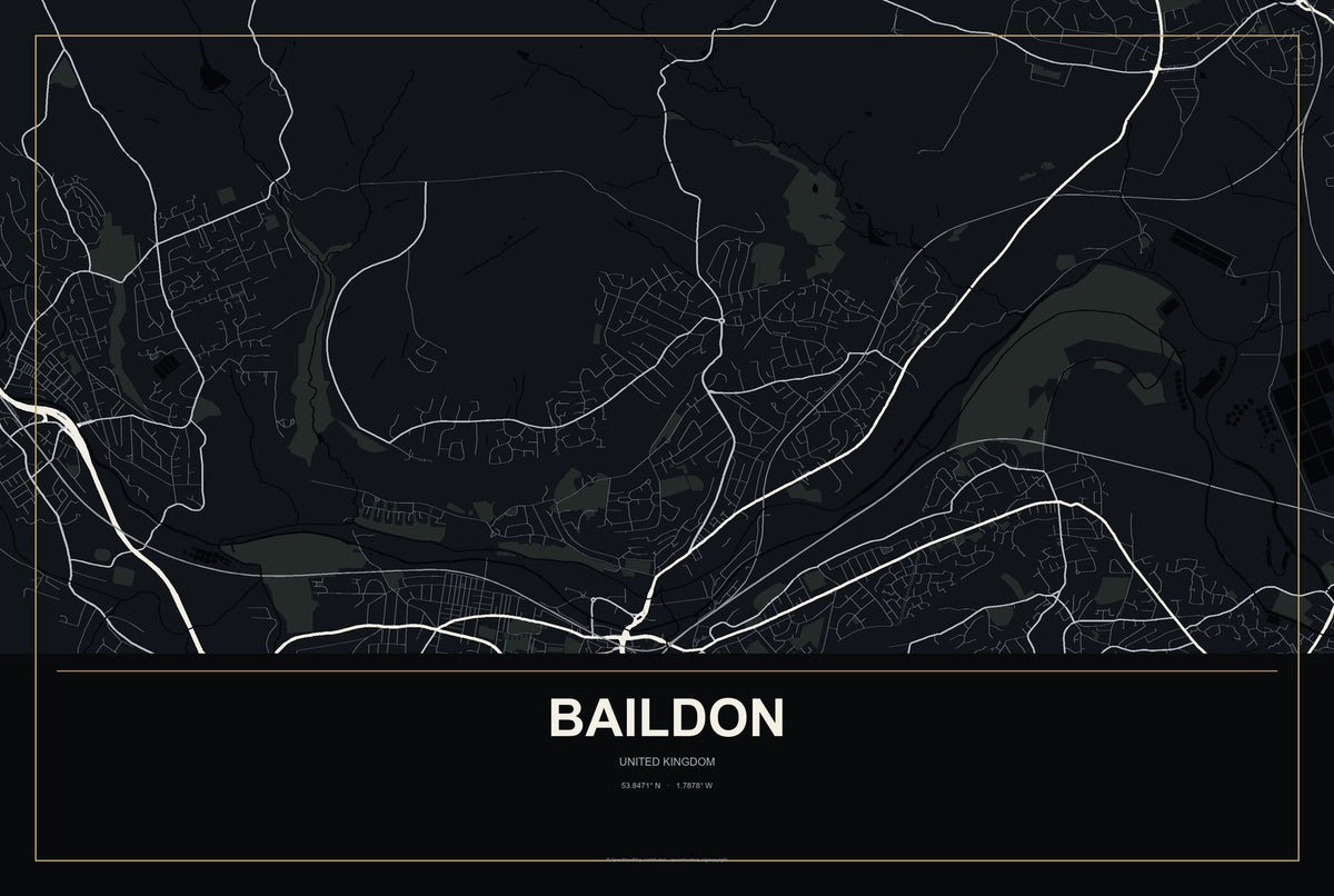 Baildon, United Kingdom City Map Aluminum Sign in Metropolitan Noir style