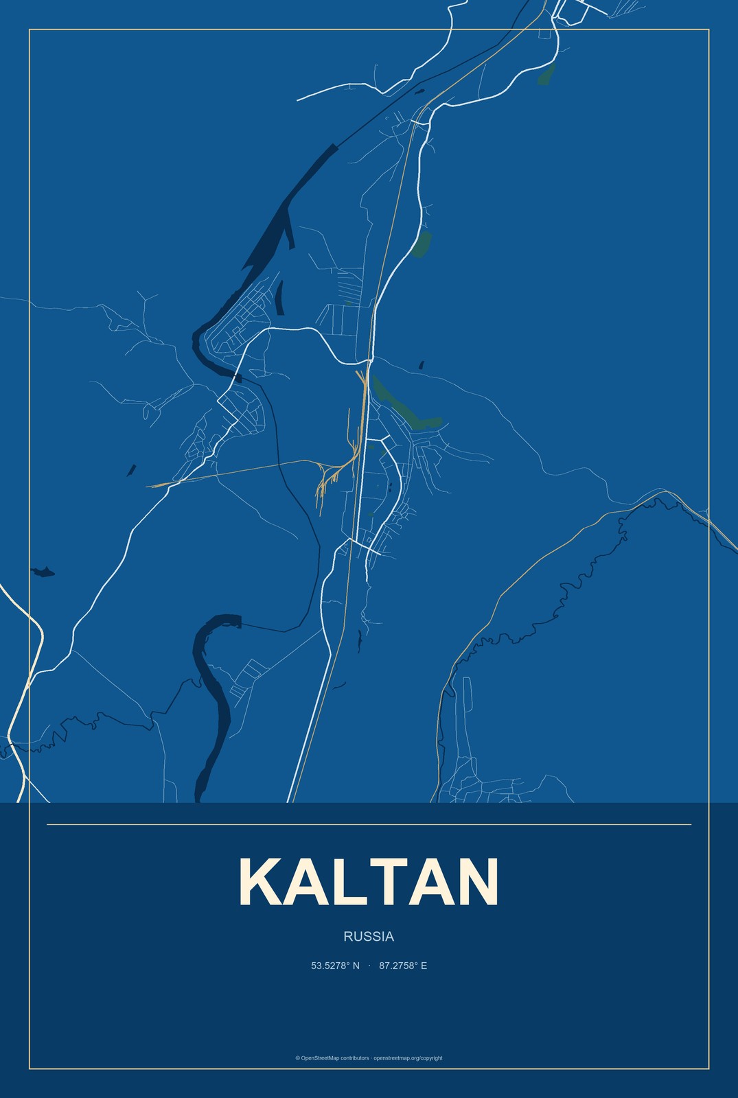 Kaltan, Russia City Map Aluminum Sign in Harbor Cobalt style
